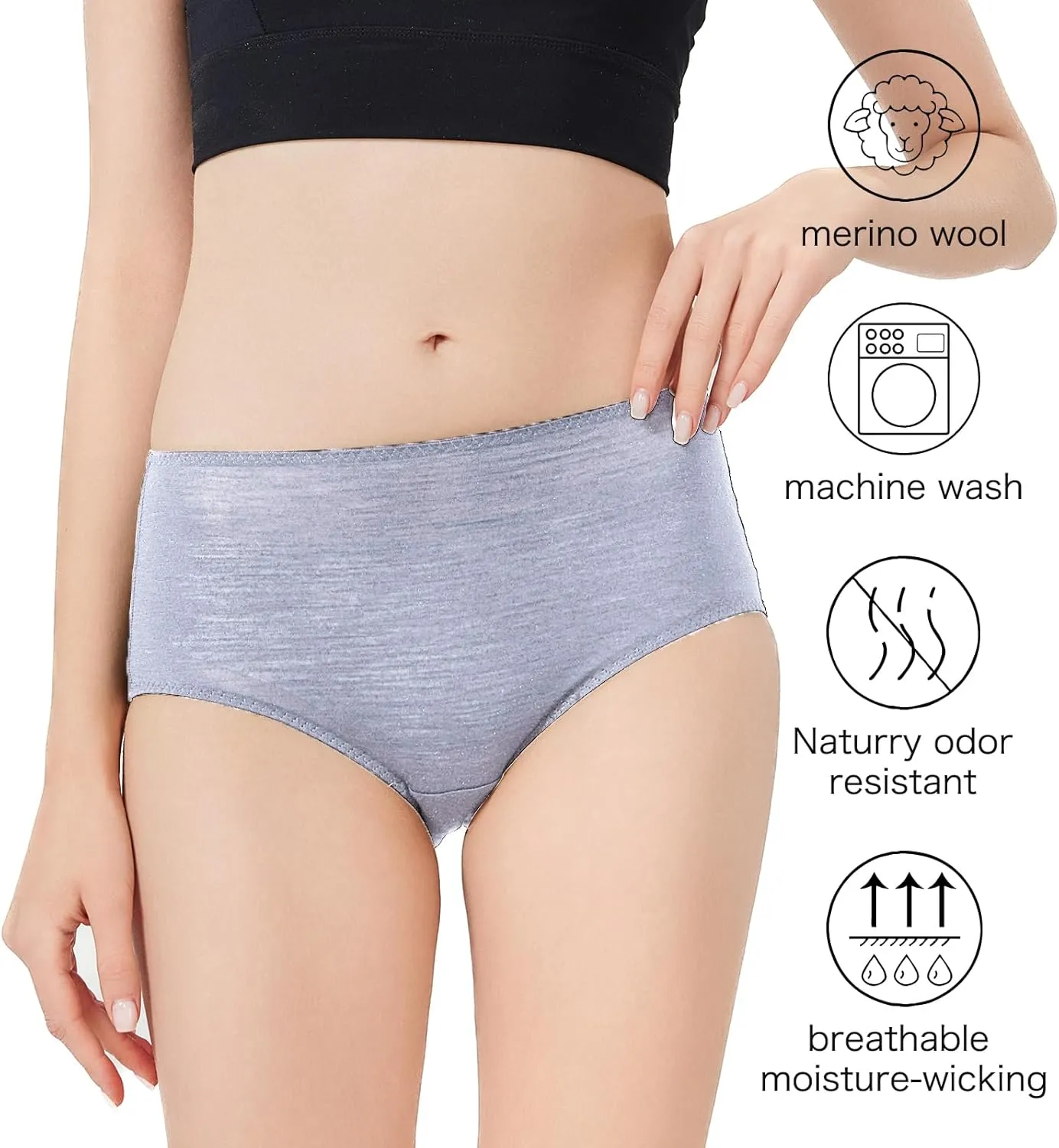 Womens Merino Wool High-Waisted Underwear, Quick-Drying Briefs for Hiking Outdoors