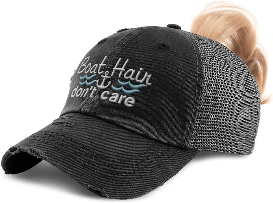 Womens Ponytail Cap Boat Hair Don't Care Style B Yacht Distressed Trucker Caps