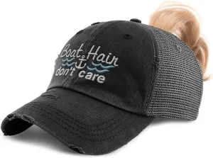 Womens Ponytail Cap Boat Hair Don't Care Style B Yacht Distressed Trucker Caps