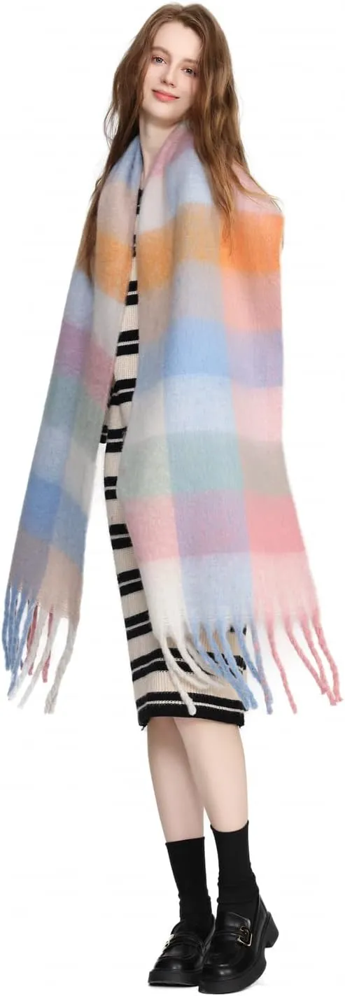 Yatemiole Women's Cashmere Big Coloured Checked Scarf Winter Warm Wrap Scarf