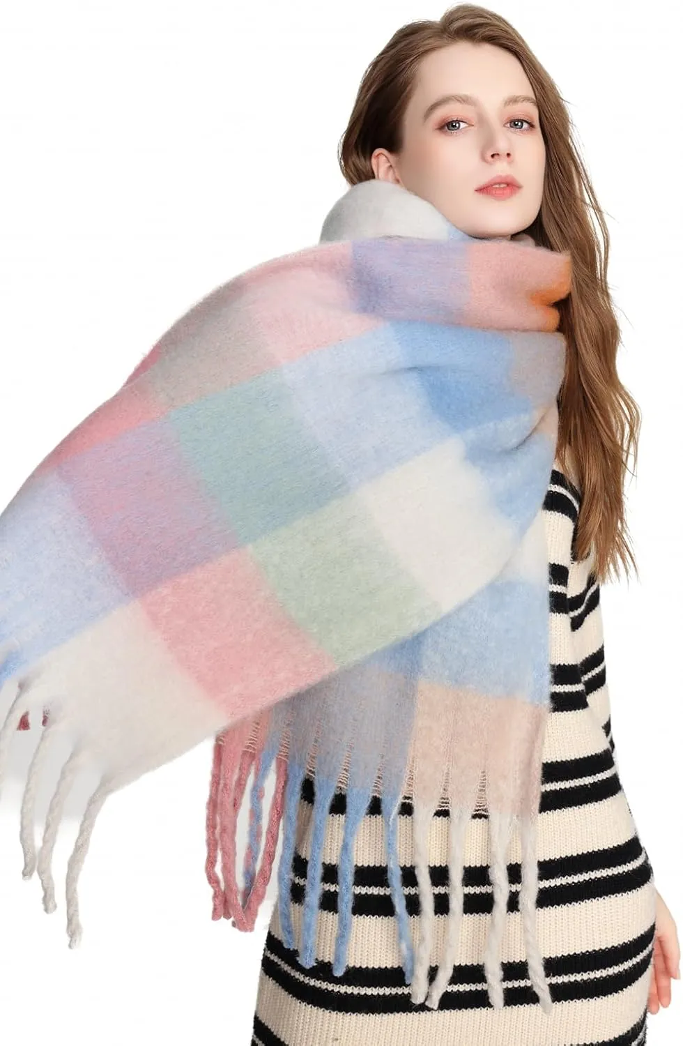 Yatemiole Women's Cashmere Big Coloured Checked Scarf Winter Warm Wrap Scarf