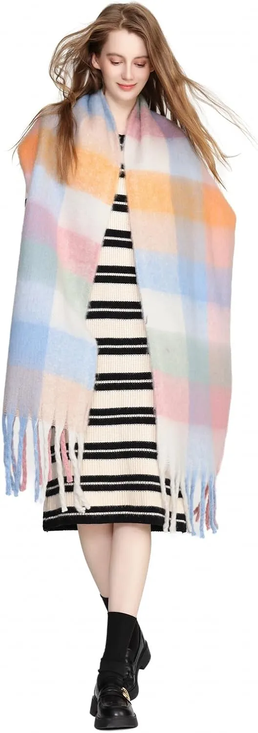 Yatemiole Women's Cashmere Big Coloured Checked Scarf Winter Warm Wrap Scarf