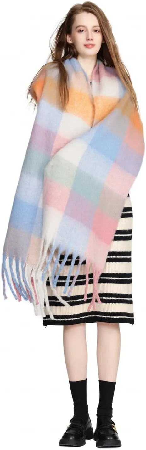 Yatemiole Women's Cashmere Big Coloured Checked Scarf Winter Warm Wrap Scarf