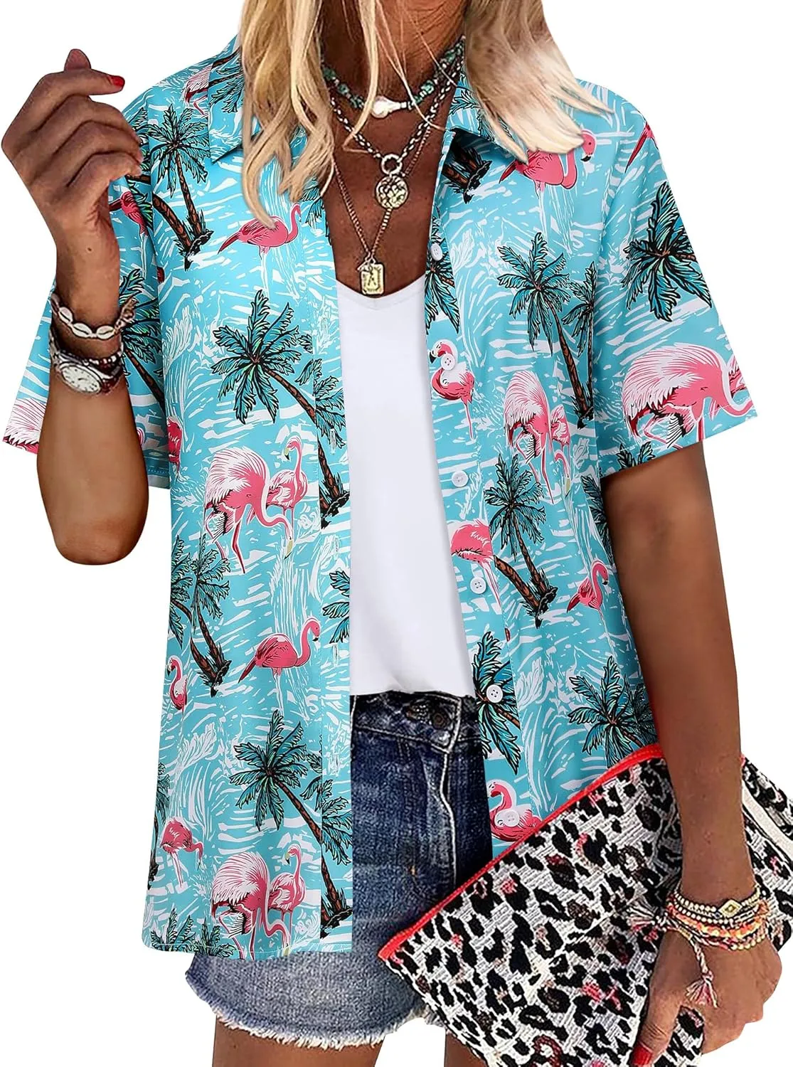 ZXZY Women Cute Hawaiian Shirt Lapel V Neck Short Sleeve Top Loose Button Down Blouse